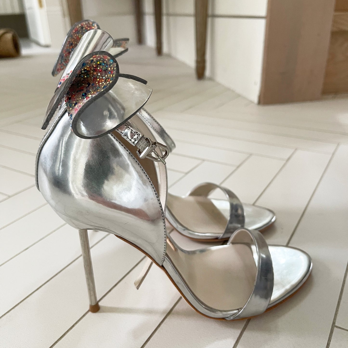 Sophia Webster "Maya" Silver Bow-Back Sandals, size 38