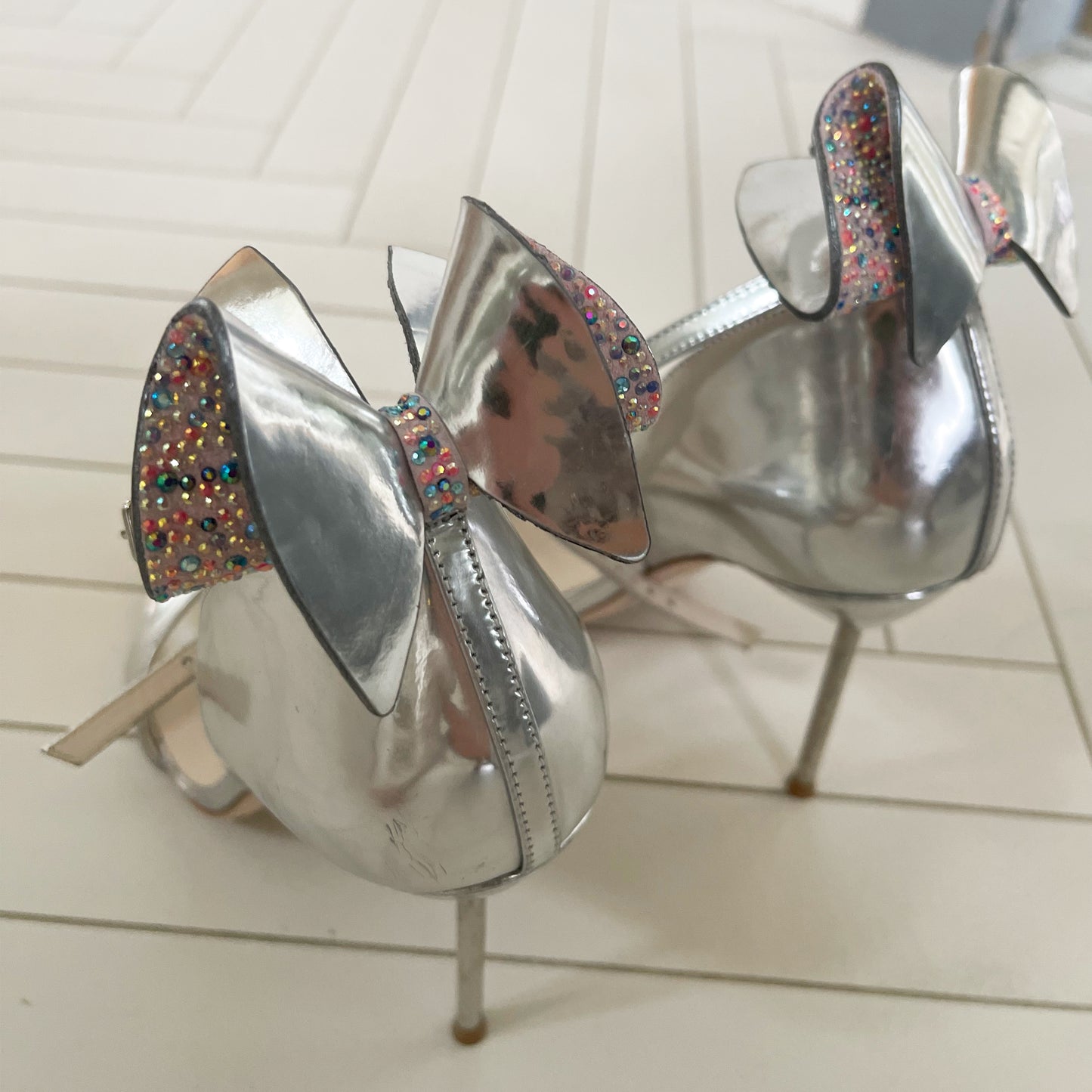 Sophia Webster "Maya" Silver Bow-Back Sandals, size 38