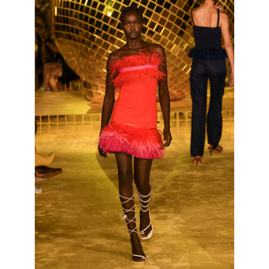 STAUD Etta Feather And Raffia-trimmed Crochet-knit Mini Dress In Blood Orange, size Small