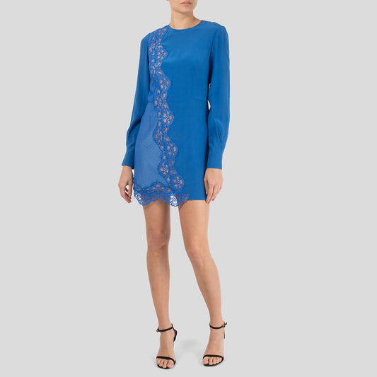 Mini-robe en soie bleue du défilé Stella McCartney printemps 2012 avec empiècement en dentelle, taille 44IT, ou comme une taille 6US