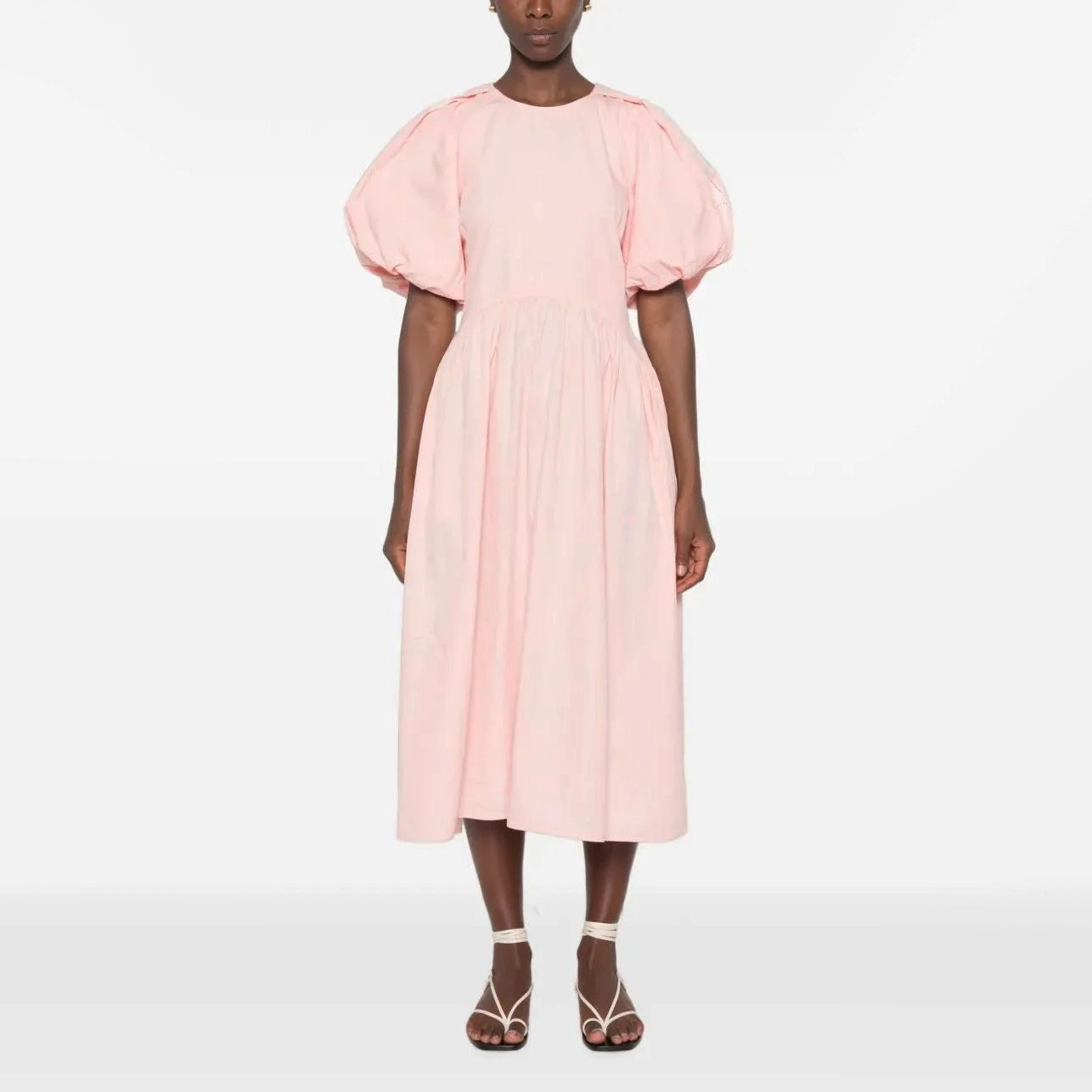 Stine Goya Gathered Raglan Sleeve Midi Dress with Ballerina Embroidery in Pink, size Small