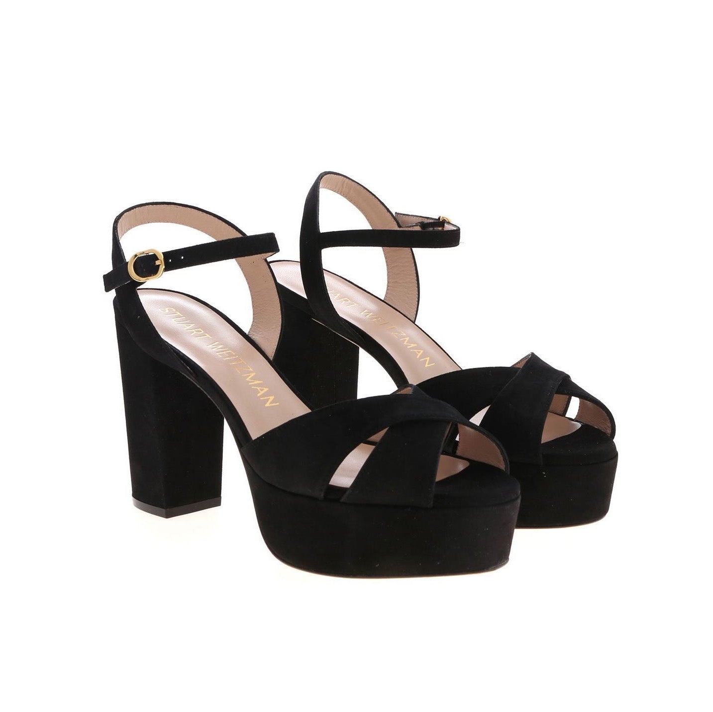 Stuart Weitzman Suede Platform Sandal in Black, size 9