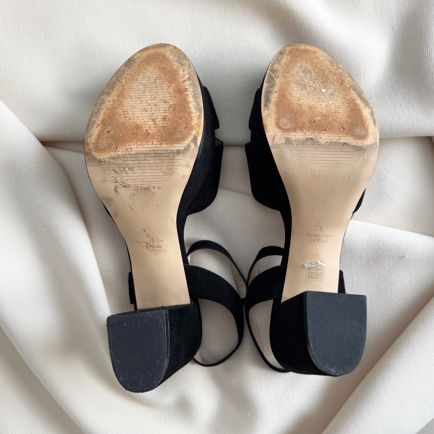 Stuart Weitzman Suede Platform Sandal in Black, size 9