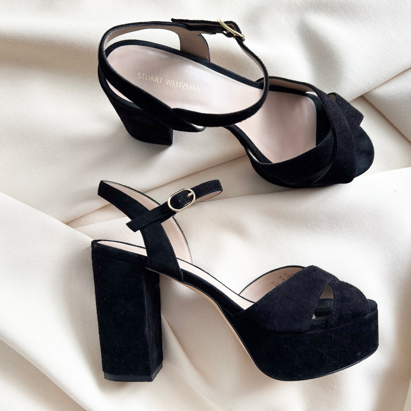 Stuart Weitzman Suede Platform Sandal in Black, size 9