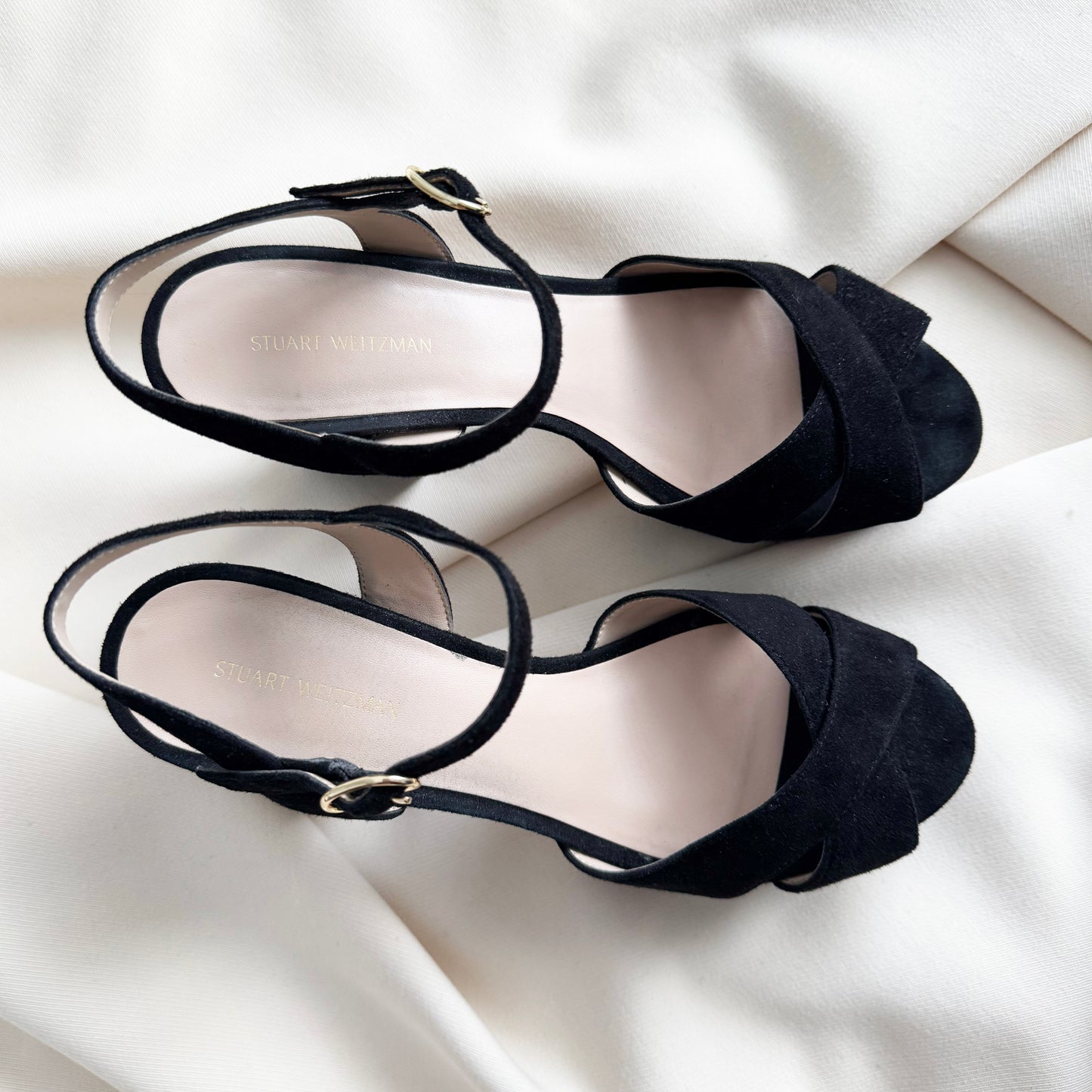 Stuart Weitzman Suede Platform Sandal in Black, size 9