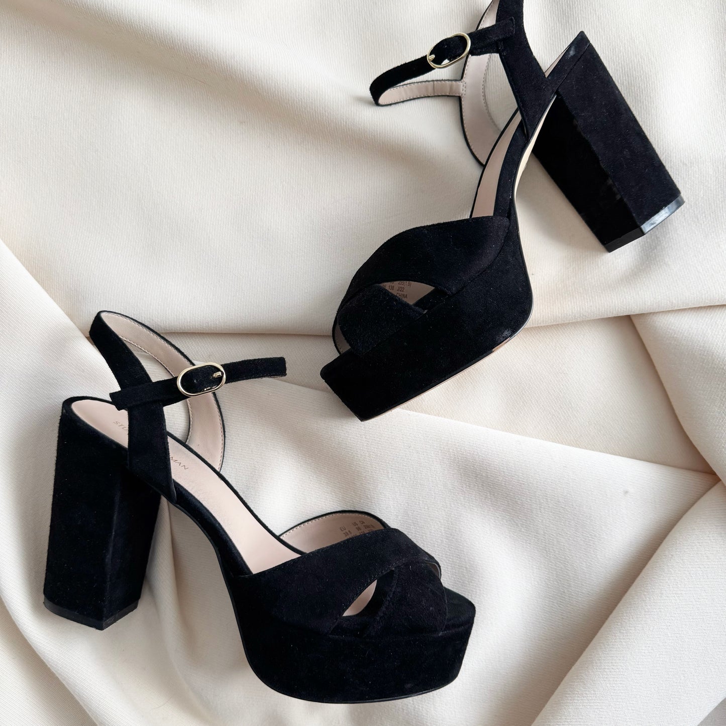 Stuart Weitzman Suede Platform Sandal in Black, size 9