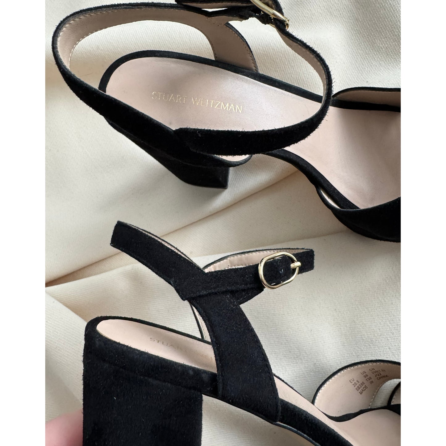 Stuart Weitzman Suede Platform Sandal in Black, size 9