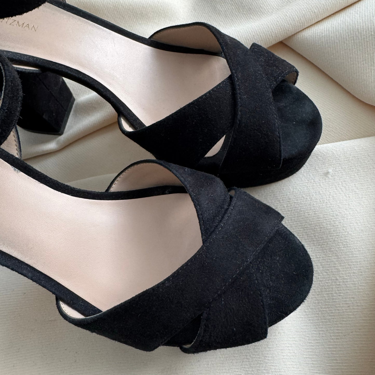 Stuart Weitzman Suede Platform Sandal in Black, size 9