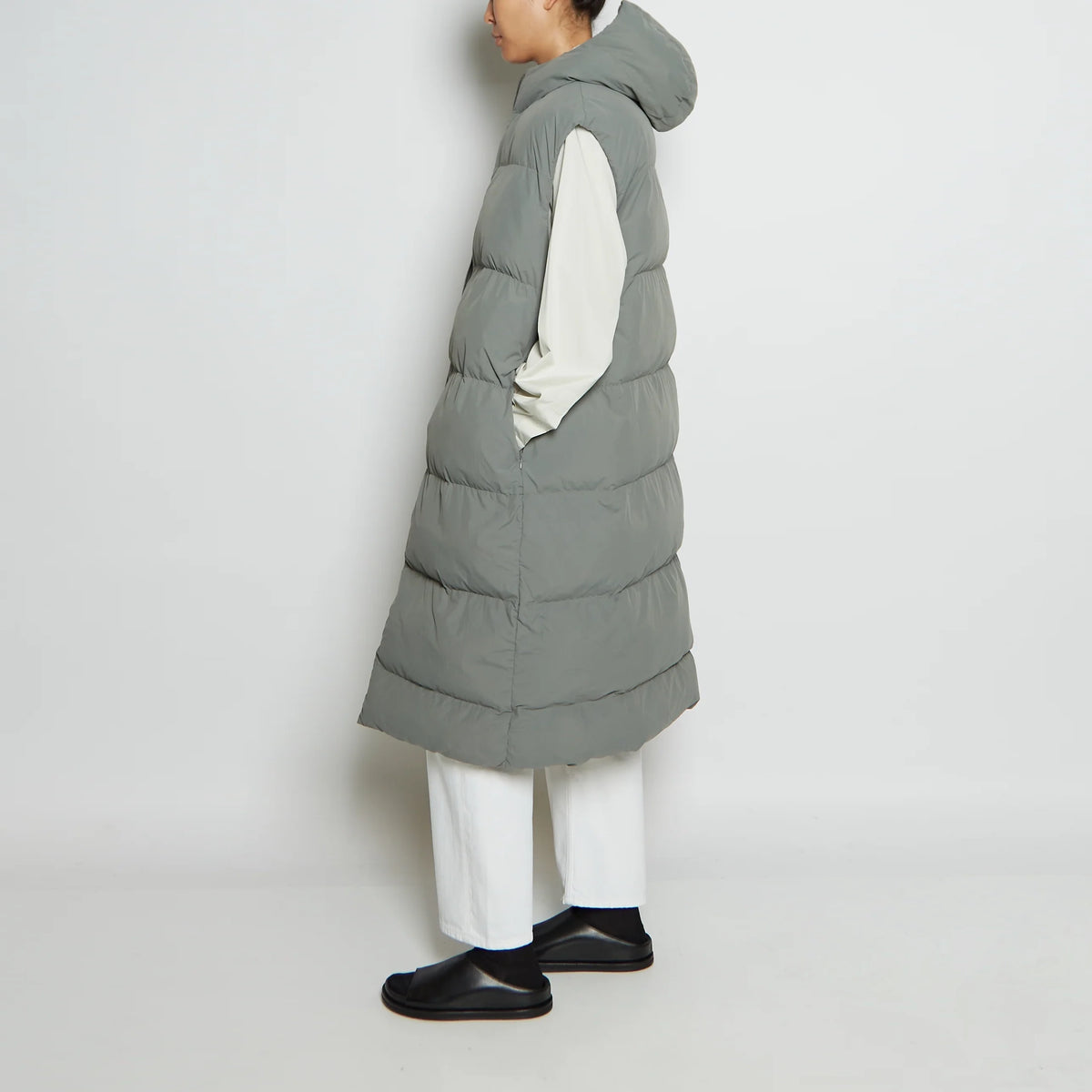 Studio Nicholson "Hazan" Hooded Puffer Vest in Grey, size "0" (Fits Size Small)