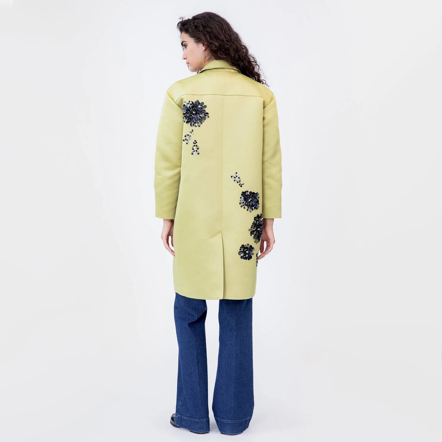 Tanya Taylor "Alessandra" Satin Coat in Chartreuse, Size Small