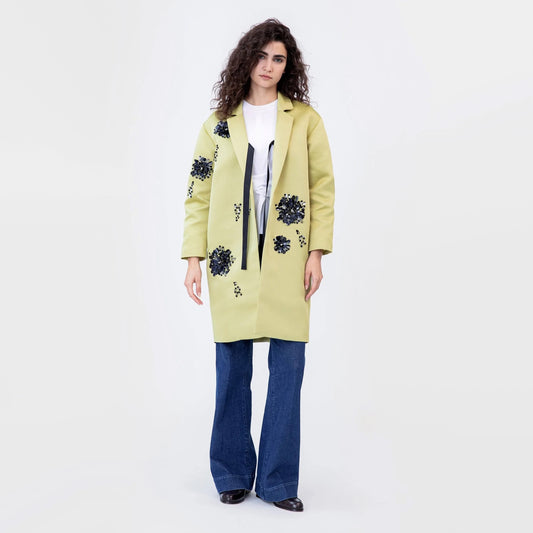 Tanya Taylor "Alessandra" Satin Coat in Chartreuse, Size Small