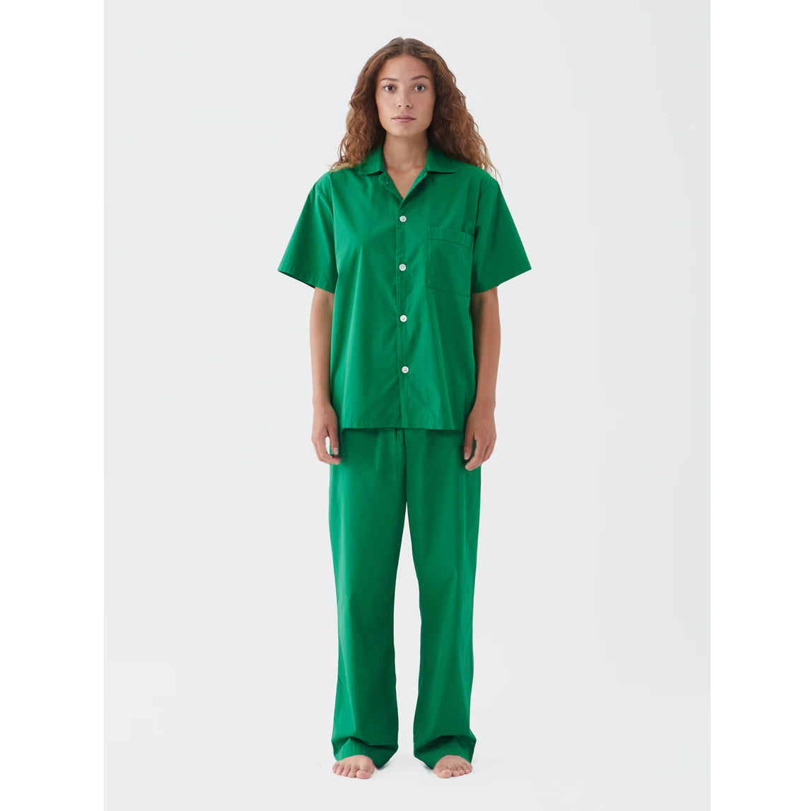 Tekla Cotton Poplin Pyjama Pants in Green, size Small