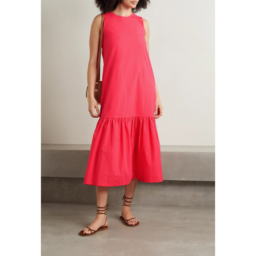 The Frankie Shop Flounce Hem Cotton Midi Dress in Coral Pink, size Medium (fits S/M)