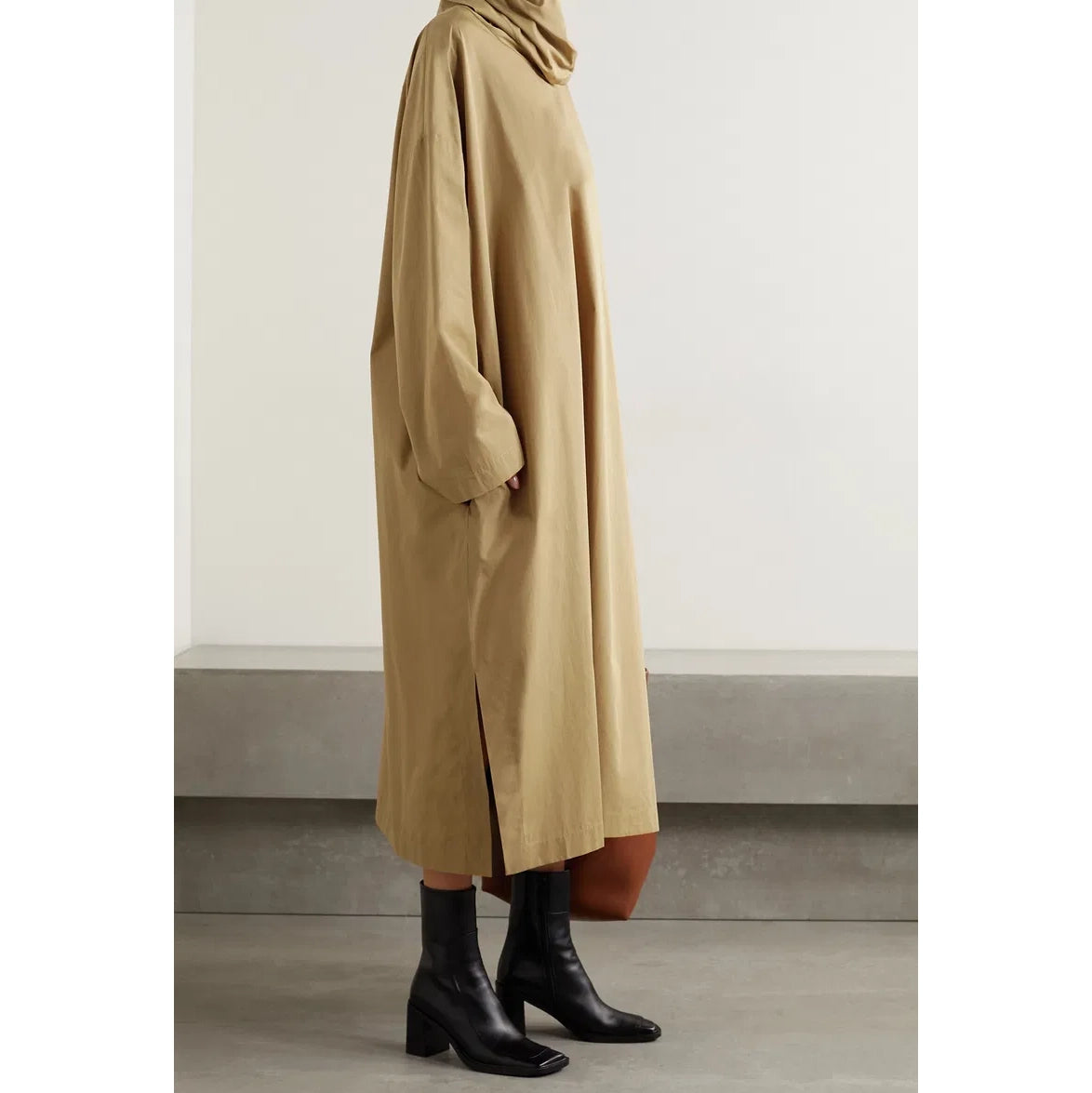 THE ROW "Balsa" Draped Cotton-Poplin Midi Dress in Sand, size Small (fits S-L)