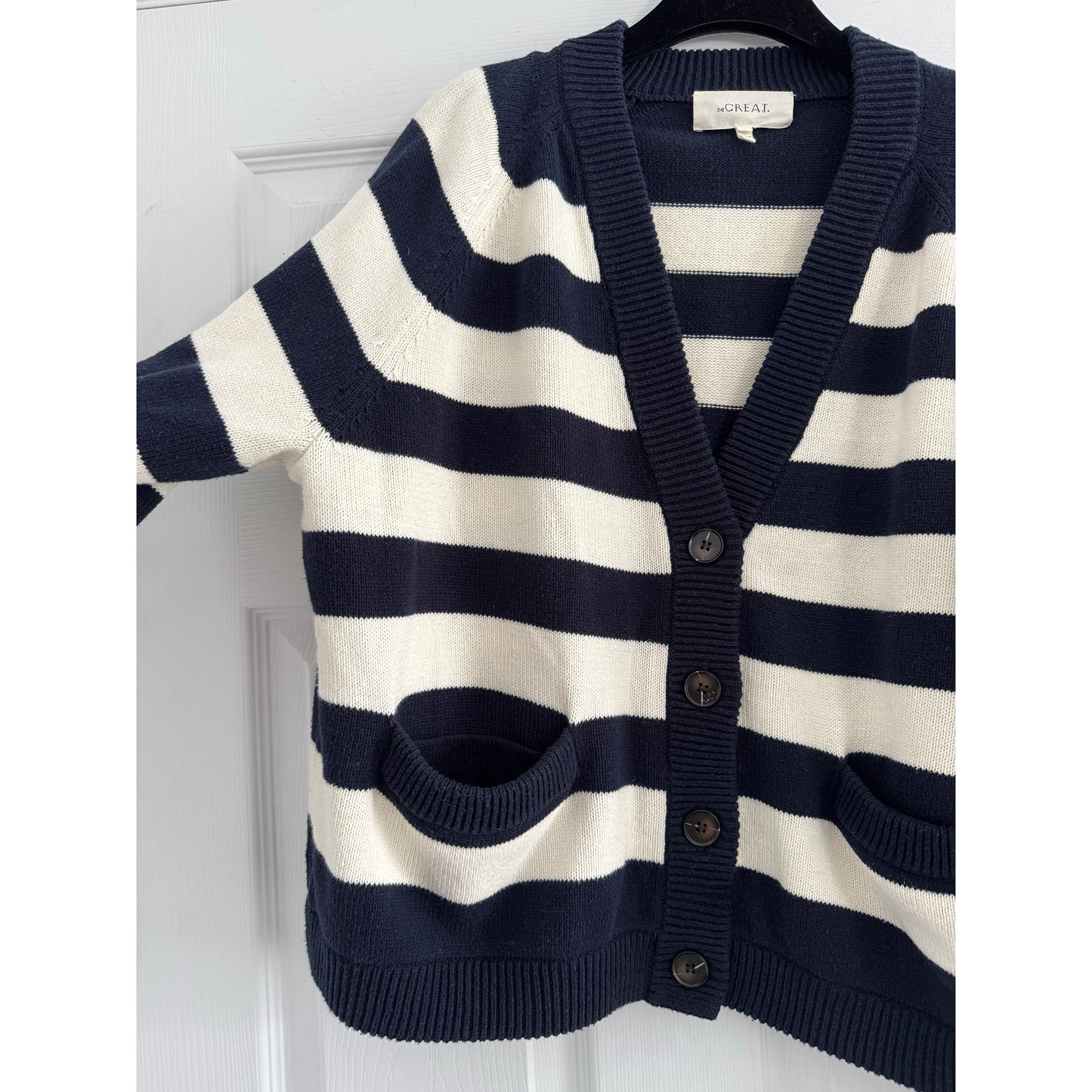 The Great "Varsity" Cardigan in Navy/Ecru Stripe, size "2" (Medium, fits M/L)