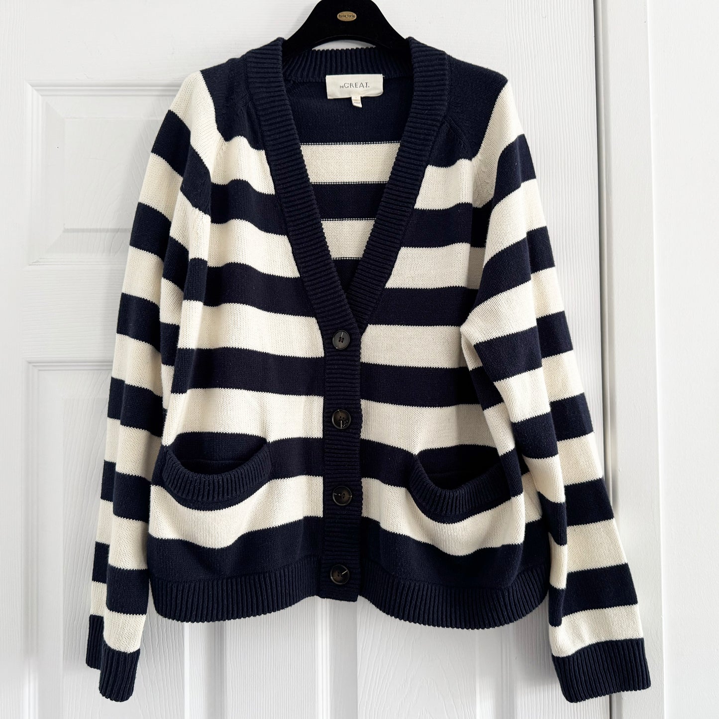 The Great "Varsity" Cardigan in Navy/Ecru Stripe, size "2" (Medium, fits M/L)