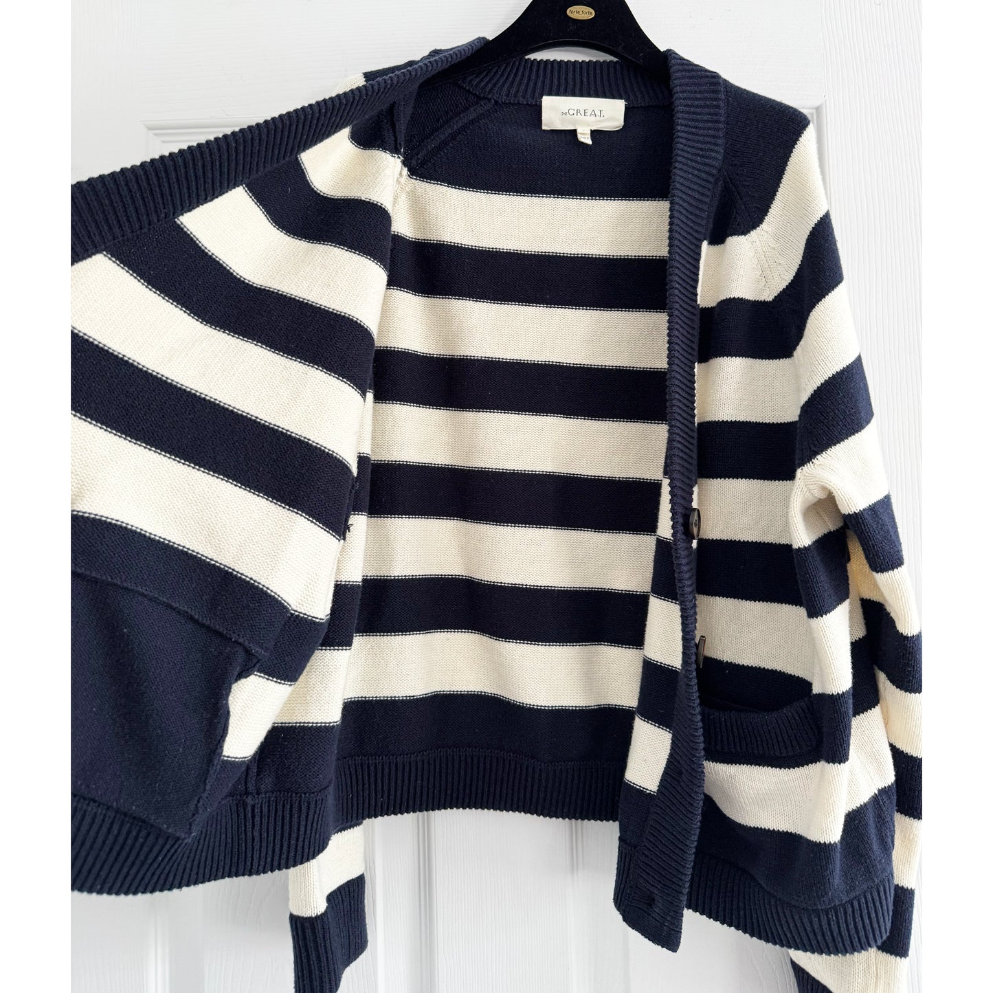 The Great "Varsity" Cardigan in Navy/Ecru Stripe, size "2" (Medium, fits M/L)