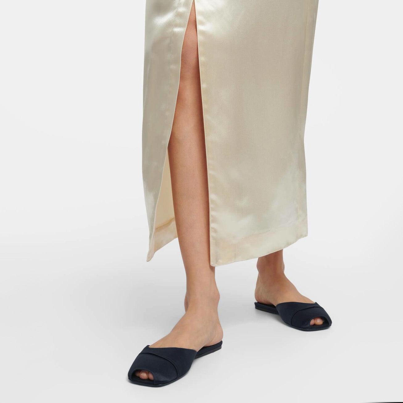 The Row "Milla" Satin Slides in Navy, size 39.5