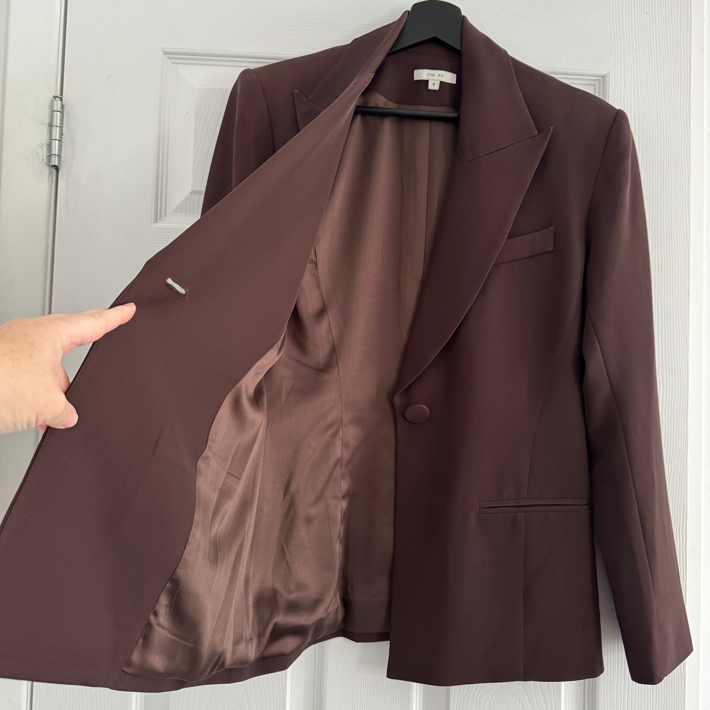 The Sei Crepe Suit in Chocolate Brown, size 4