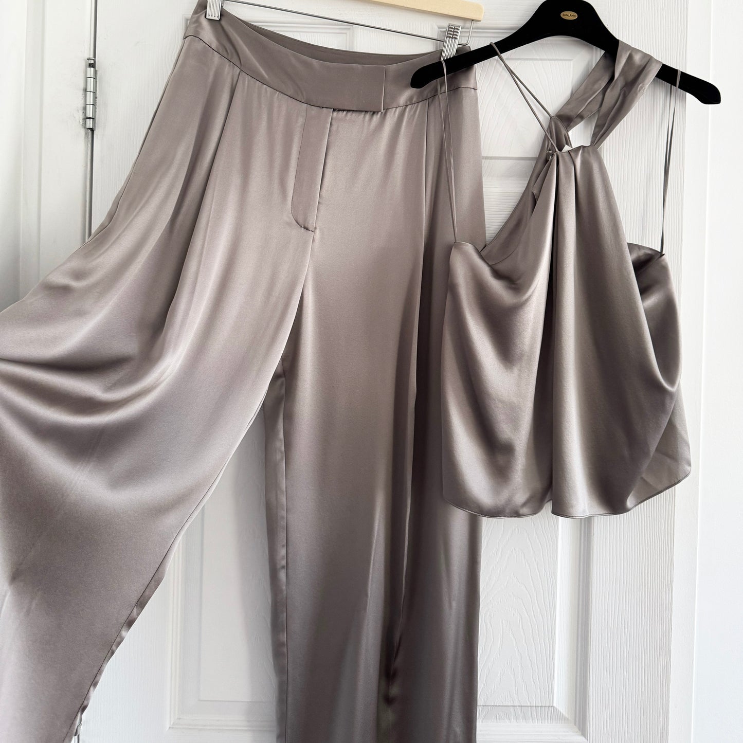The Sei Silk Satin Pant and Top Set in Grey, size 4