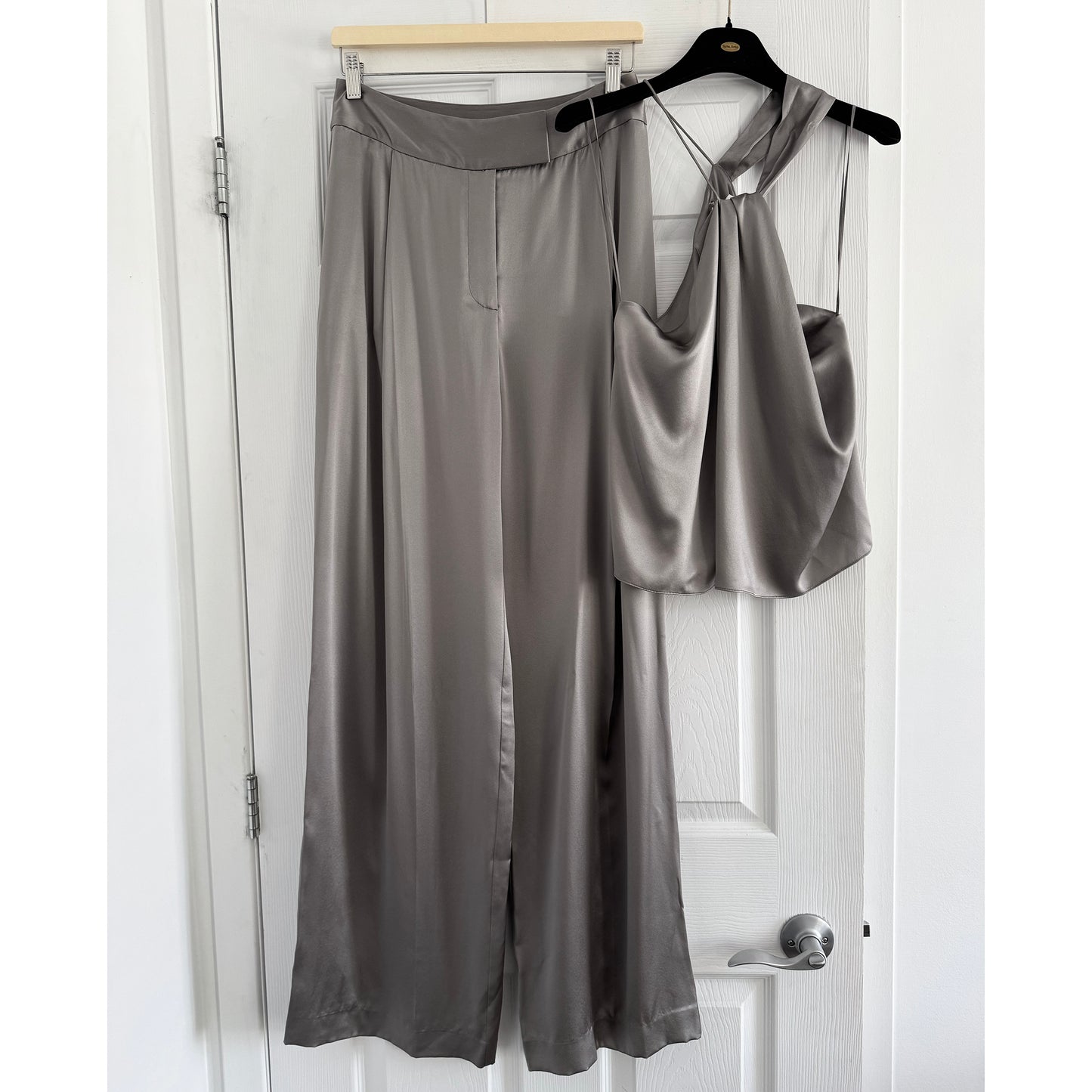 The Sei Silk Satin Pant and Top Set in Grey, size 4