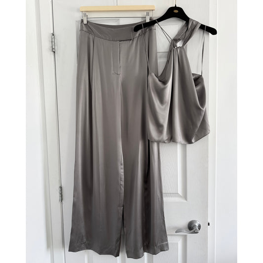 The Sei Silk Satin Pant and Top Set in Grey, size 4