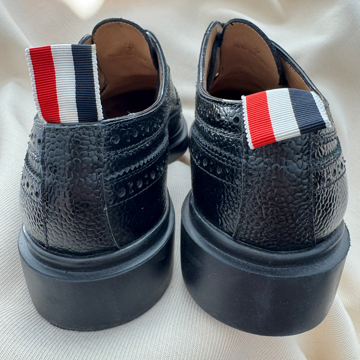 Thom Browne Black Pebble Grain Longwing Brogues, size 39