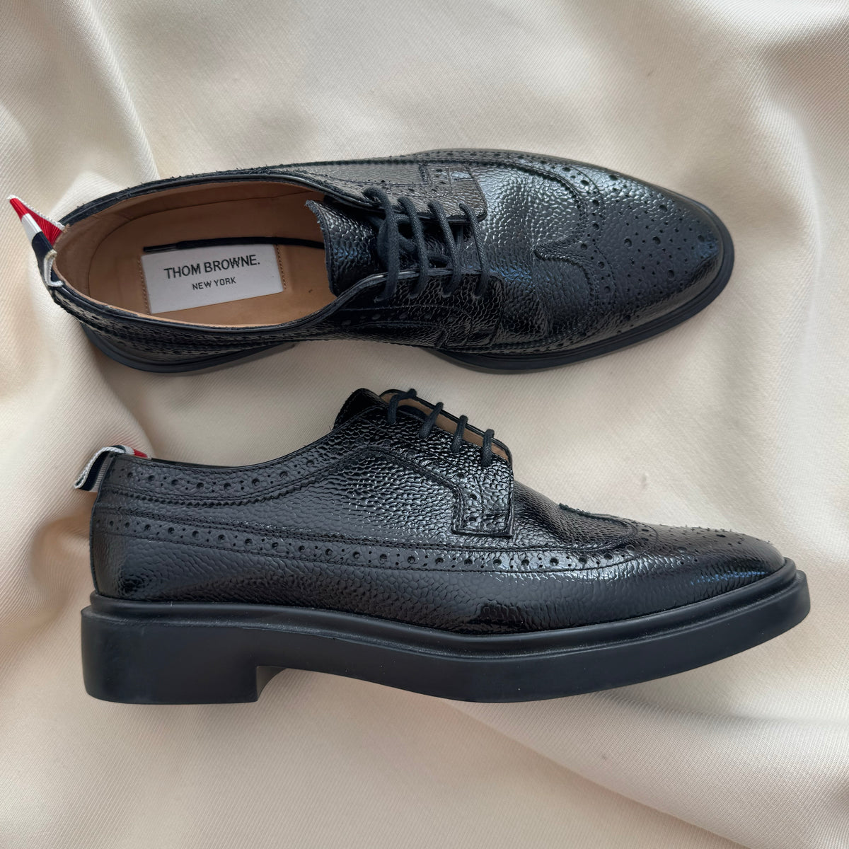Thom Browne Black Pebble Grain Longwing Brogues, size 39