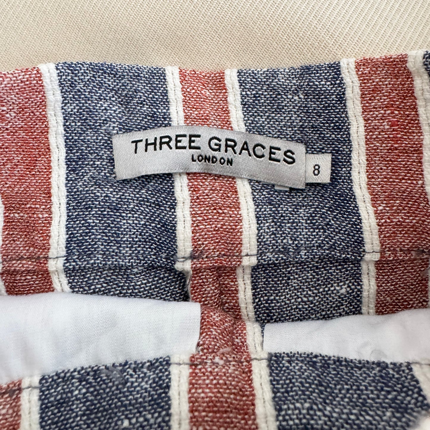 THREE GRACES LONDON "Kilman" Striped Linen-blend Shorts, size 8UK/4US (fits like US size 0)