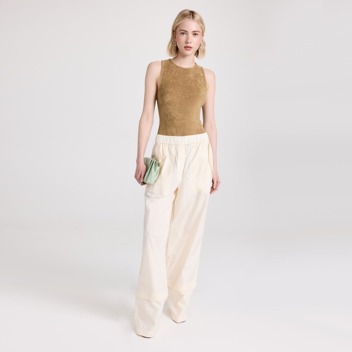 Tibi Summer Terry Crewneck Racerback Bodysuit in "Cumin", size Medium