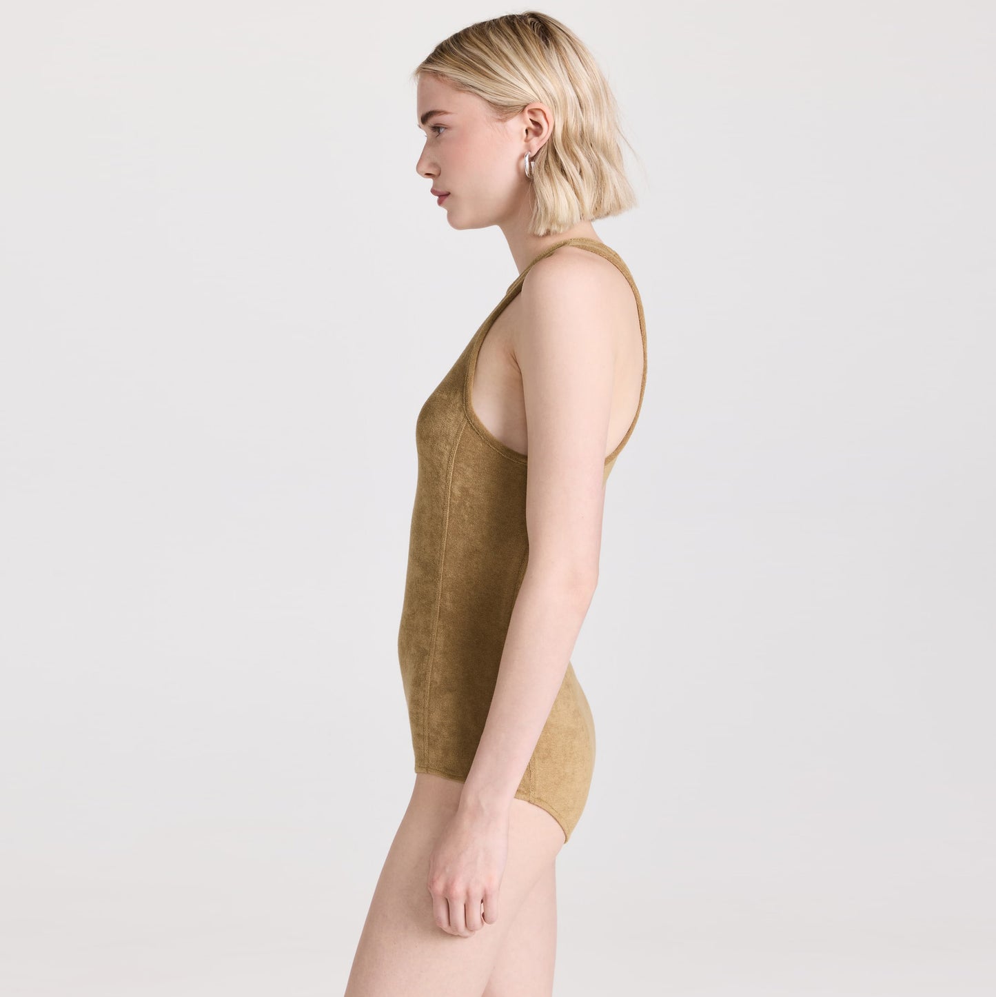 Tibi Summer Terry Crewneck Racerback Bodysuit in "Cumin", size Medium