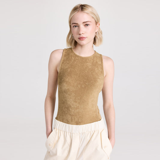 Tibi Summer Terry Crewneck Racerback Bodysuit in "Cumin", size Medium