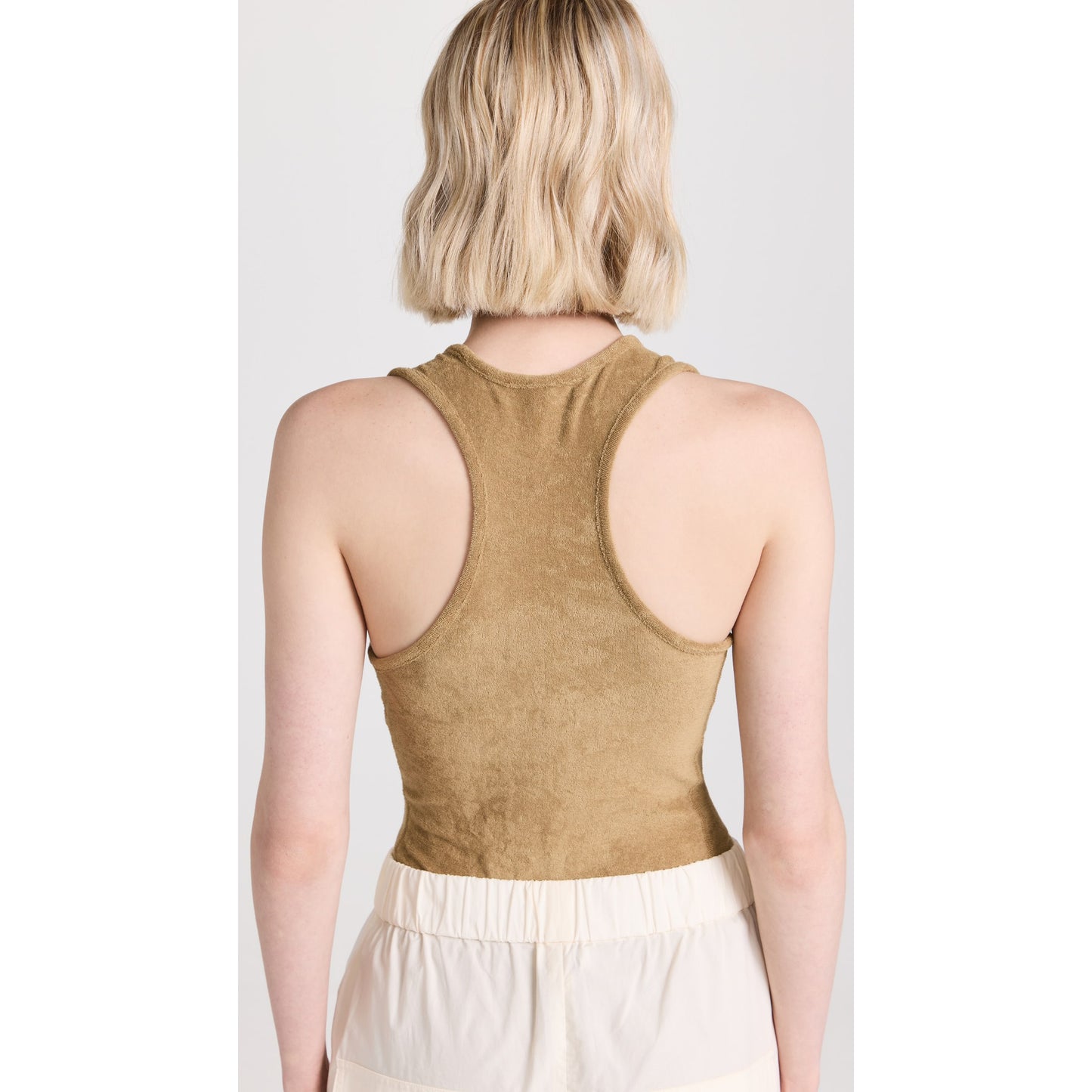Tibi Summer Terry Crewneck Racerback Bodysuit in "Cumin", size Medium