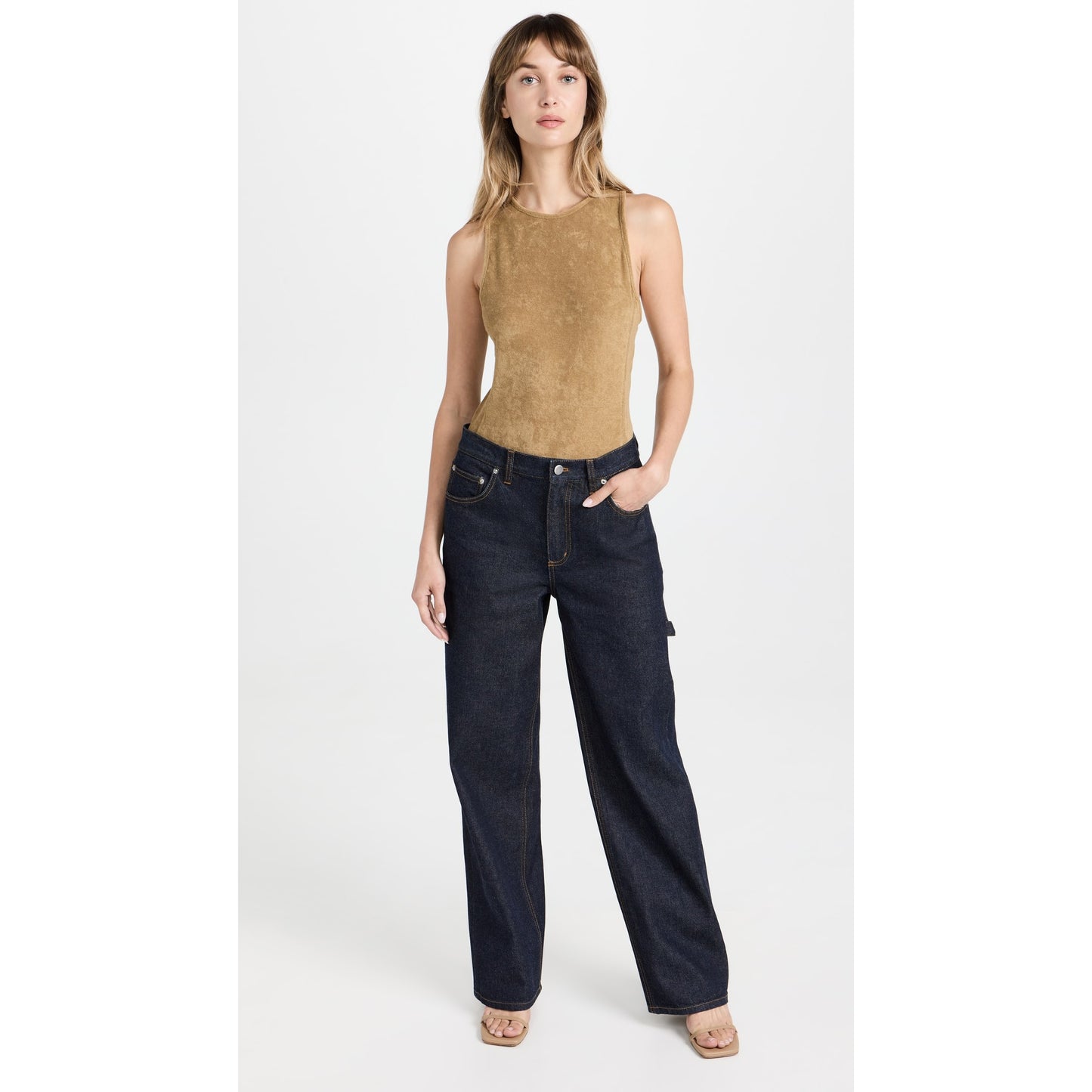 Tibi Summer Terry Crewneck Racerback Bodysuit in "Cumin", size Medium