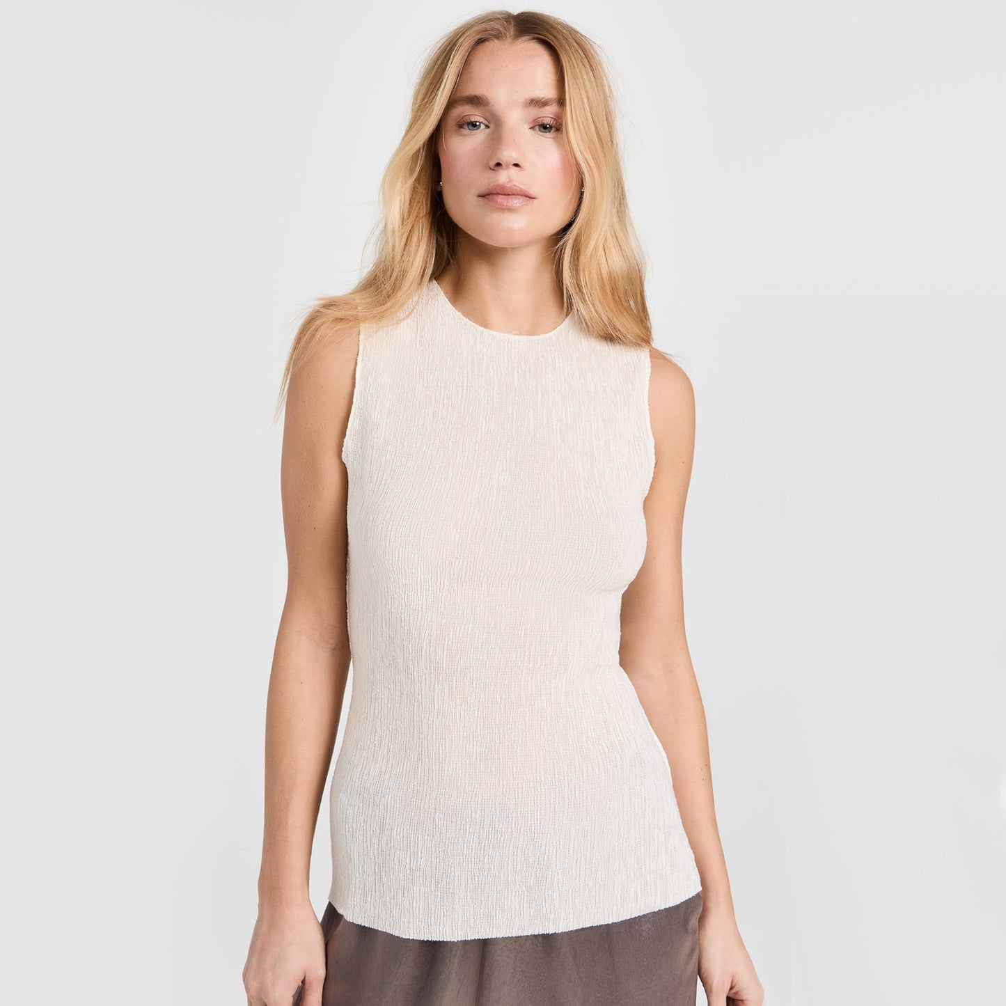 Tibi Sage Crinkle Lyocell Fitted Tank in Ivory, size Large