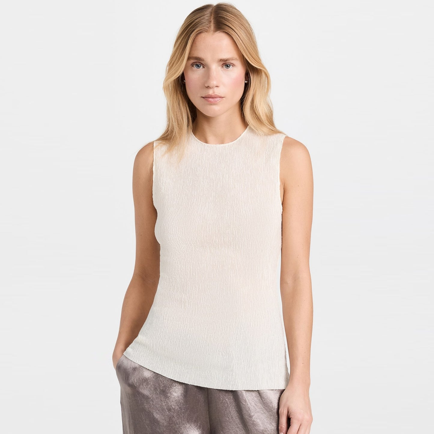 Tibi Sage Crinkle Lyocell Fitted Tank in Ivory, size Large