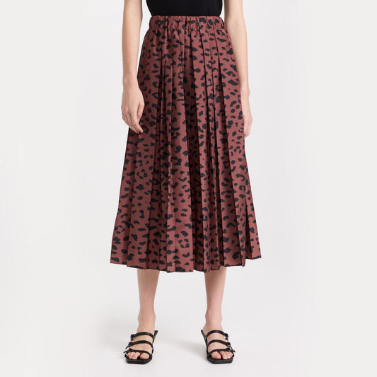 Recycled Sporty Nylon Cheetah Pleated Pull On Skirt in Brown, size Medium