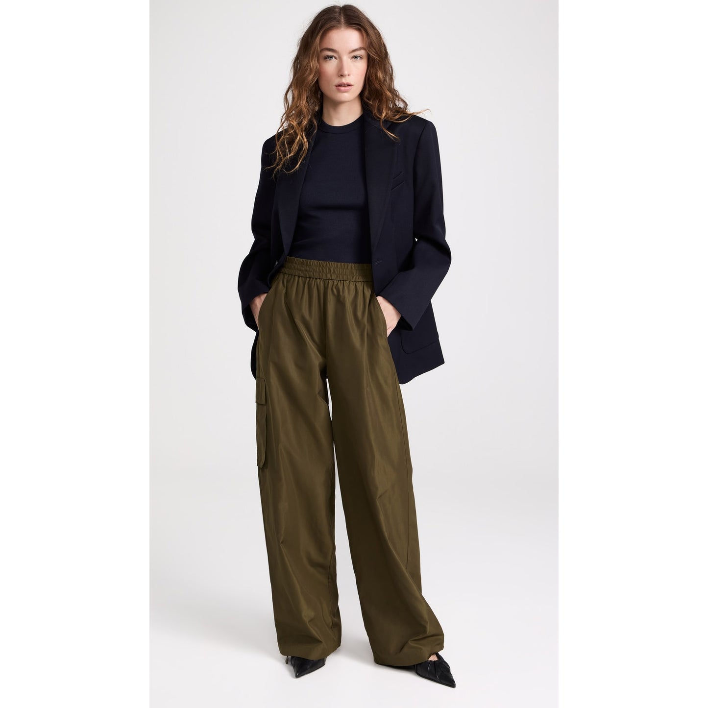 Tibi Italian Sporty Nylon Wide Leg Pull On Pants in "Wood", size XXS