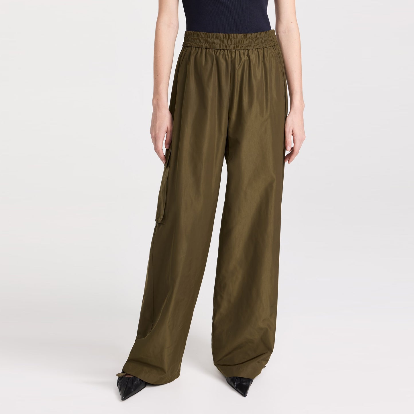 Tibi Italian Sporty Nylon Wide Leg Pull On Pants in "Wood", size XXS