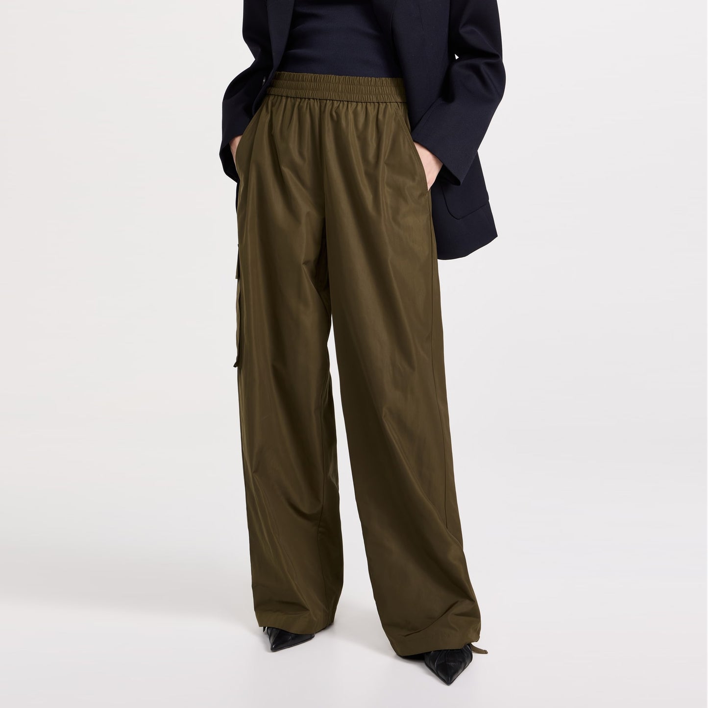 Tibi Italian Sporty Nylon Wide Leg Pull On Pants in "Wood", size XXS
