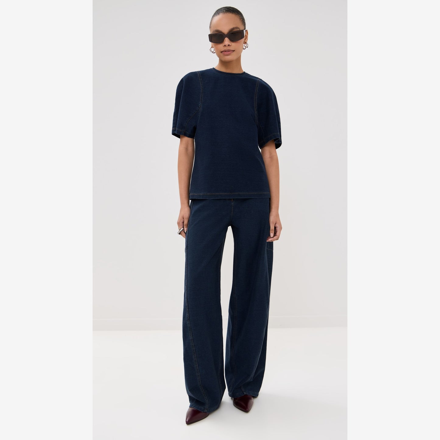 Tibi Indigo Barre Denim Knit Sculpted Shrunken T-Shirt, Size XL