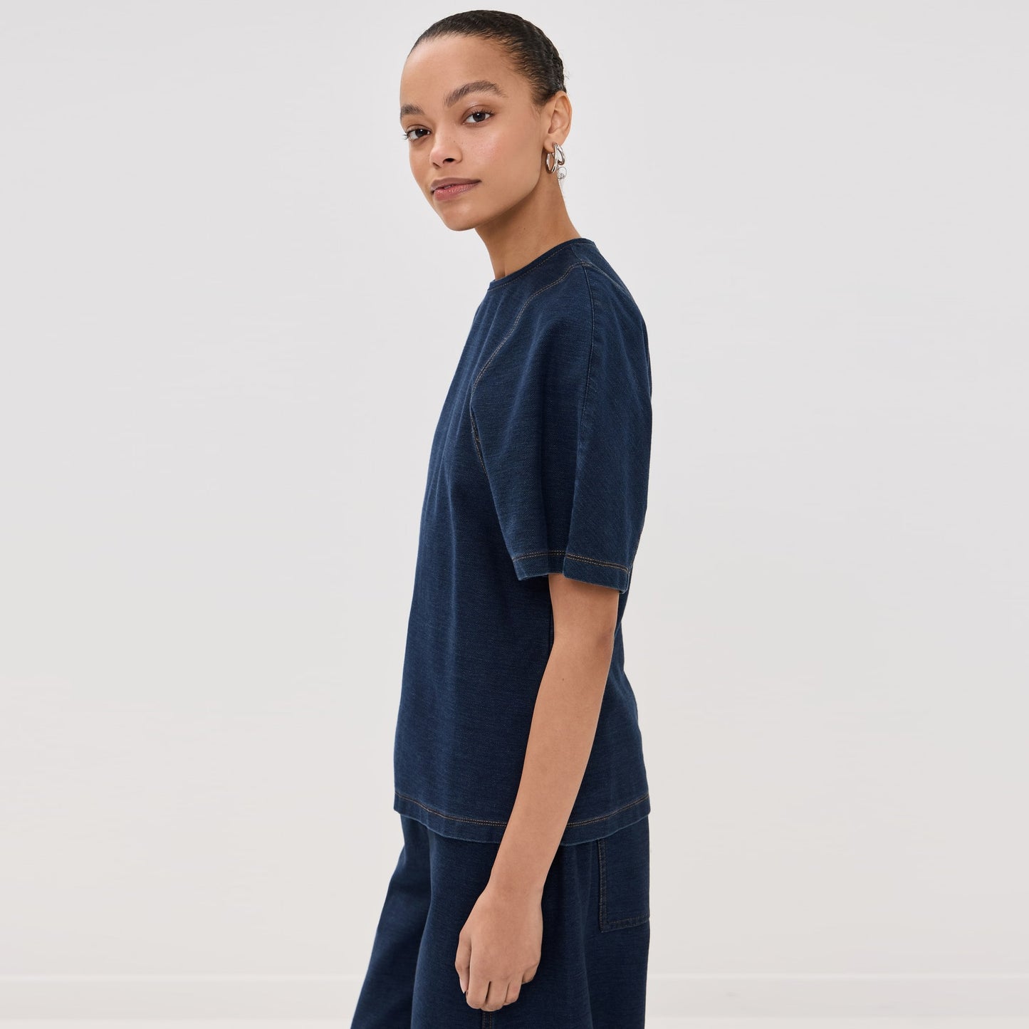 Tibi Indigo Barre Denim Knit Sculpted Shrunken T-Shirt, Size XL