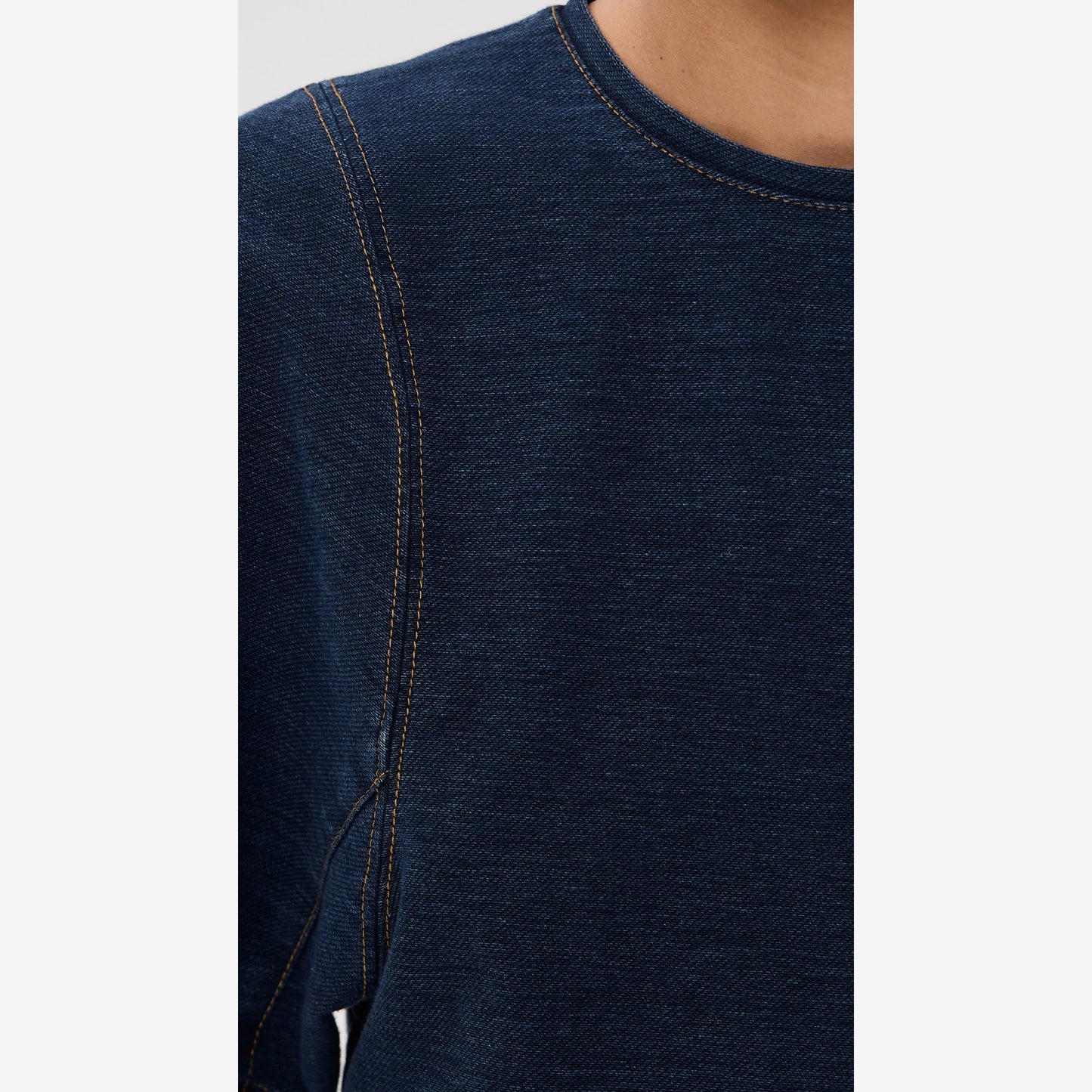 Tibi Indigo Barre Denim Knit Sculpted Shrunken T-Shirt, Size XL