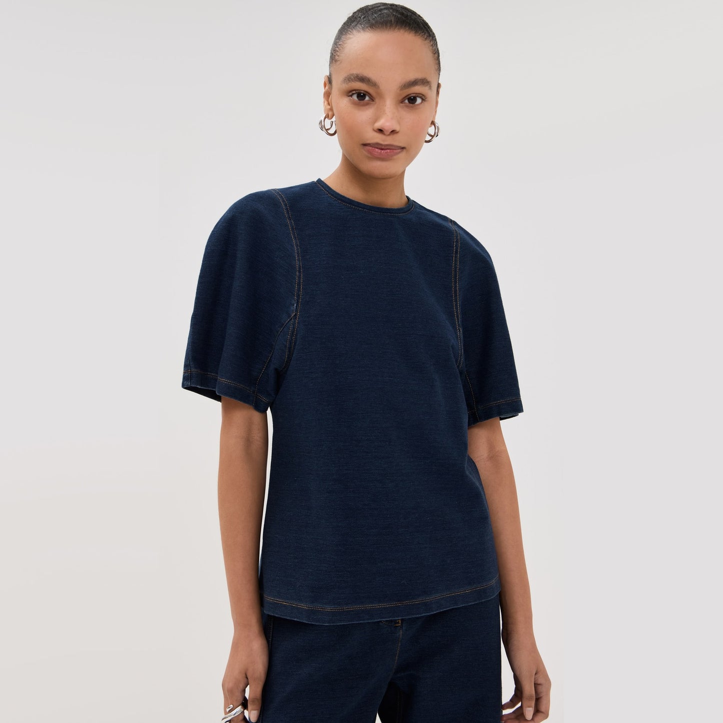 Tibi Indigo Barre Denim Knit Sculpted Shrunken T-Shirt, Size XL