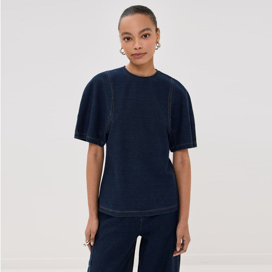 Tibi Indigo Barre Denim Knit Sculpted Shrunken T-Shirt, Size XL