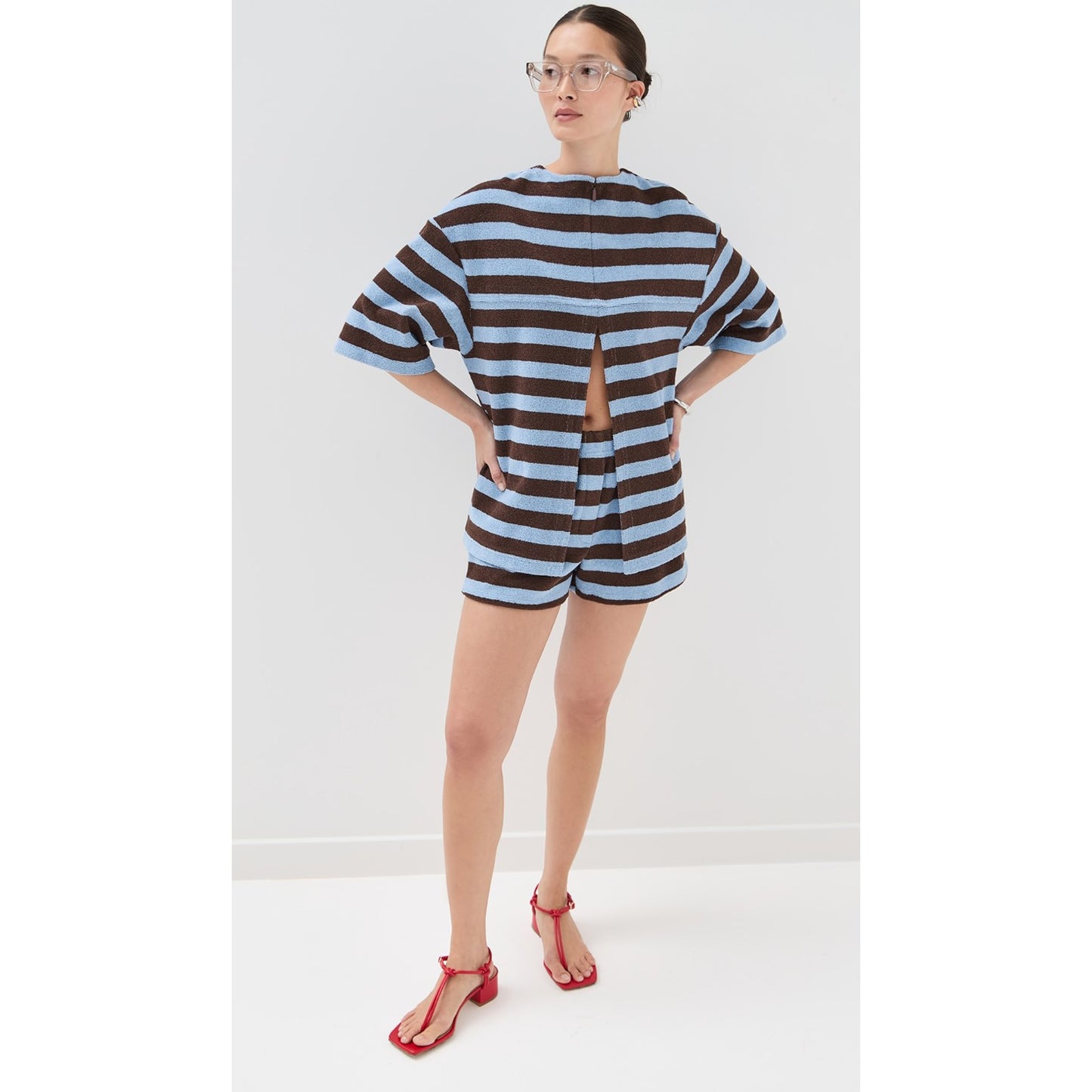 Tibi Bonded Dry Loop Terry Easy Tee in Blue/Brown Stripe, Size Small