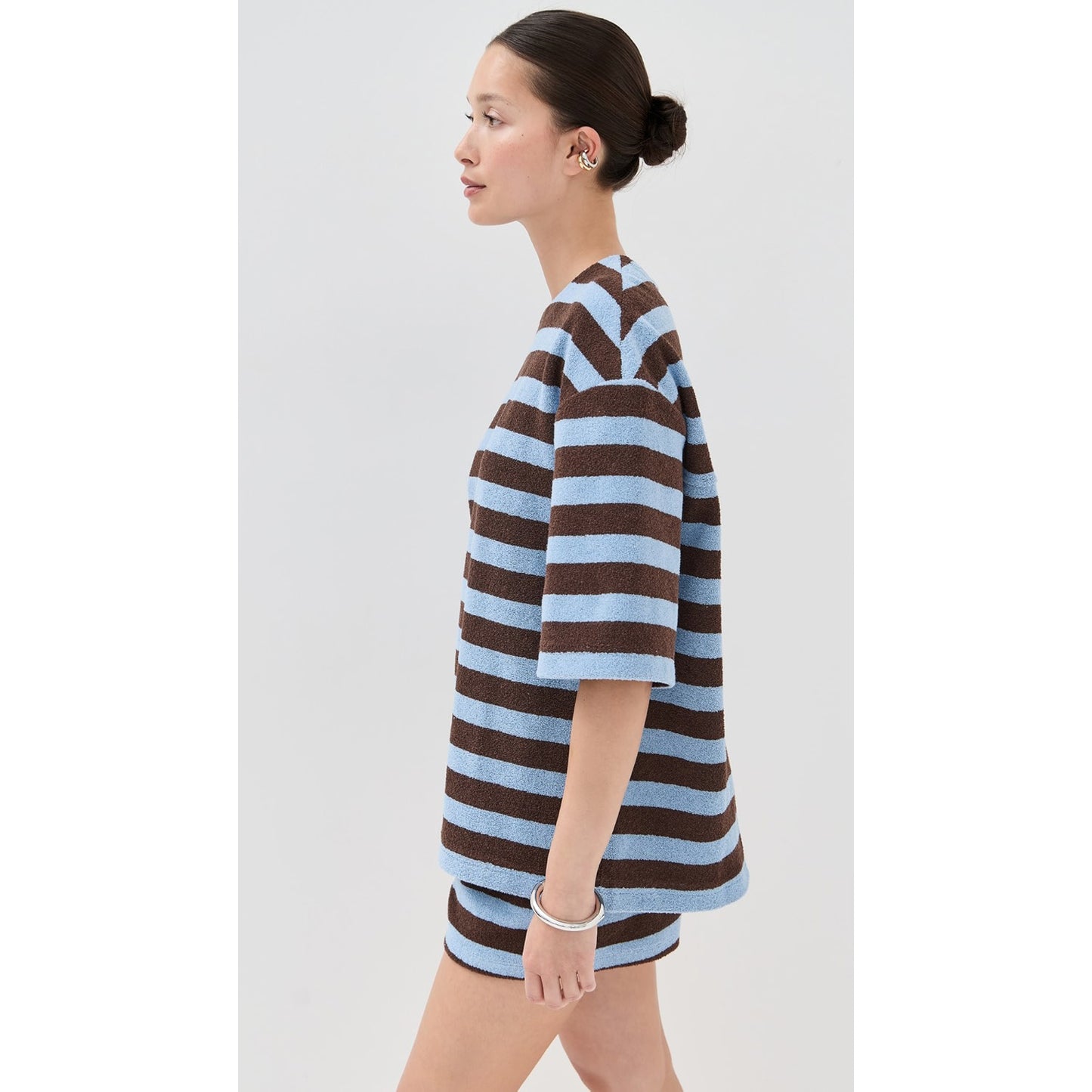 Tibi Bonded Dry Loop Terry Easy Tee in Blue/Brown Stripe, Size Small