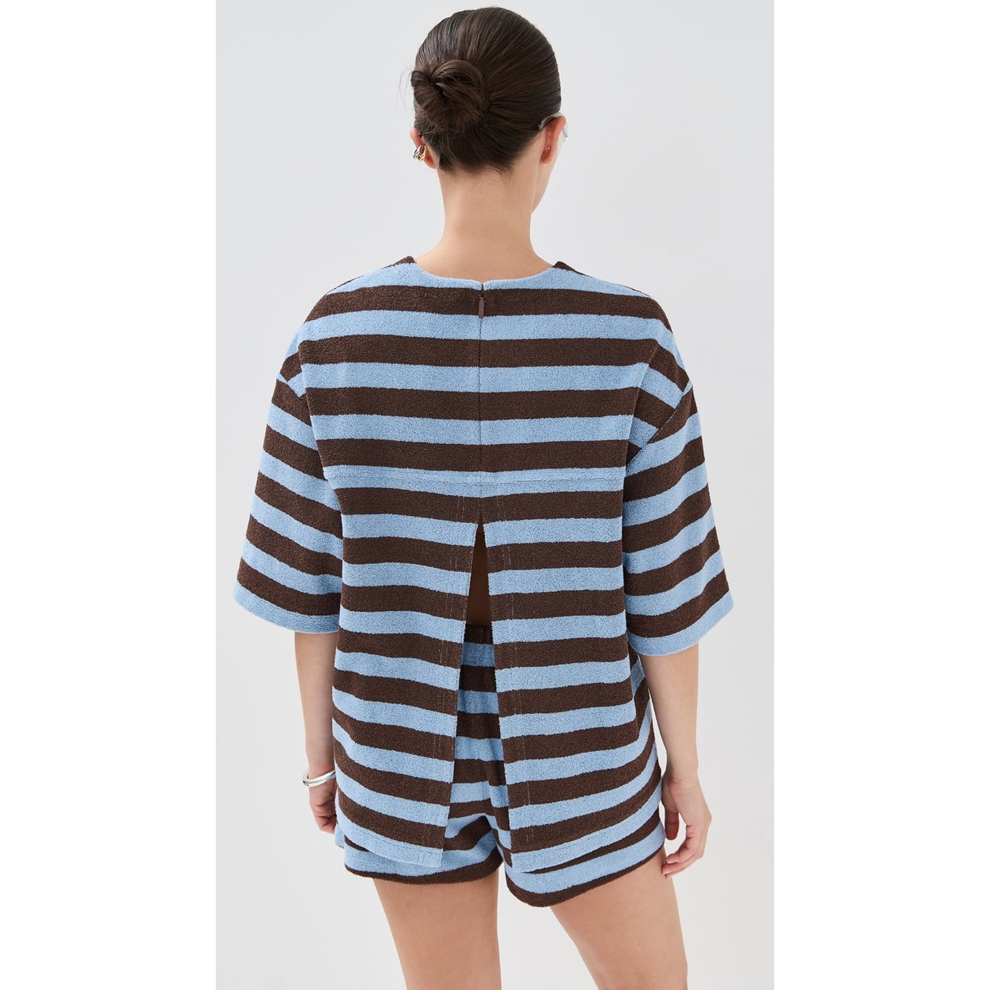 Tibi Bonded Dry Loop Terry Easy Tee in Blue/Brown Stripe, Size Small