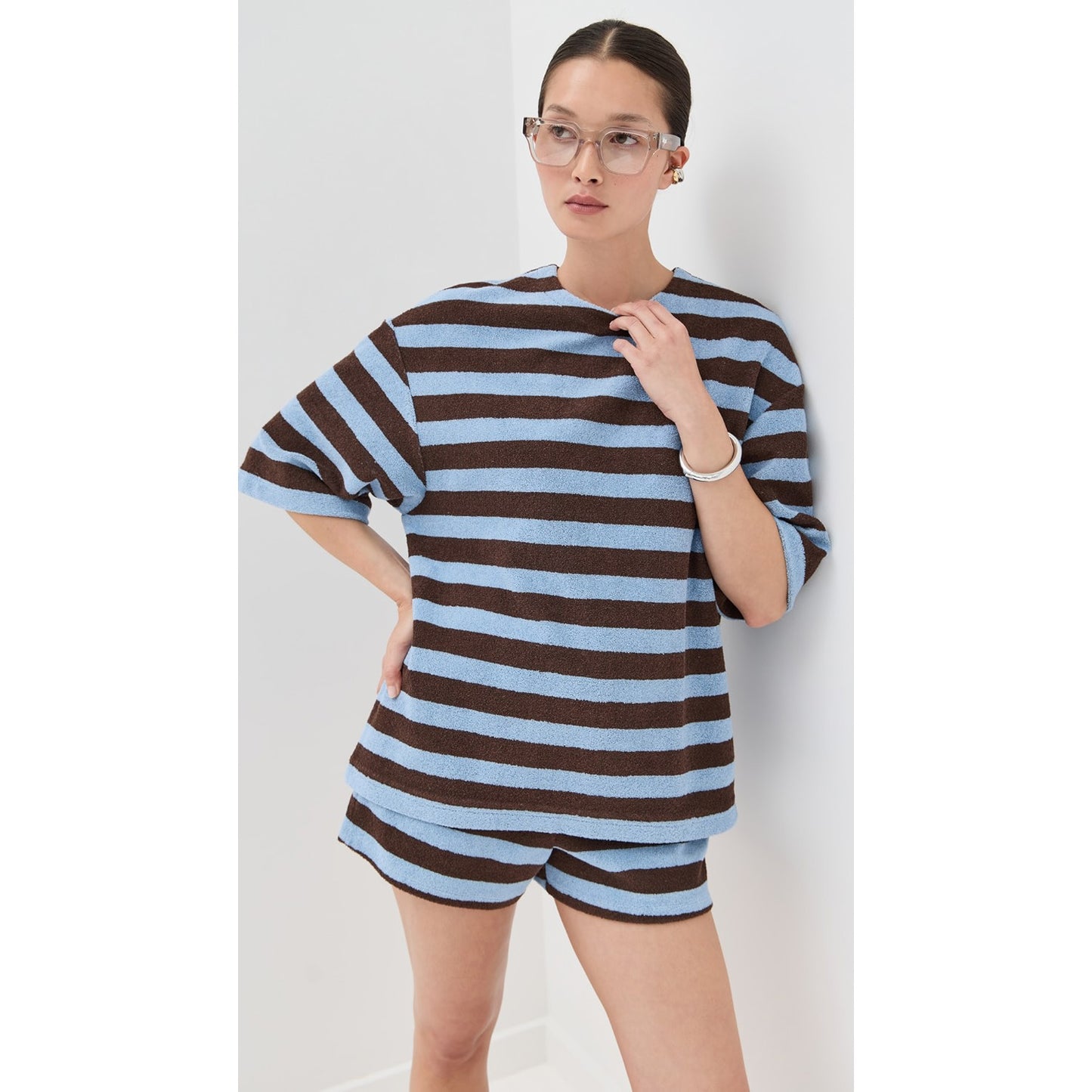 Tibi Bonded Dry Loop Terry Easy Tee in Blue/Brown Stripe, Size Small