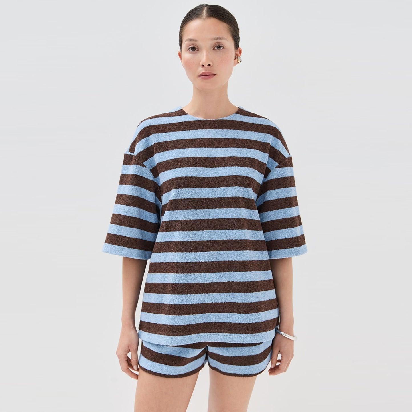 Tibi Bonded Dry Loop Terry Easy Tee in Blue/Brown Stripe, Size Small